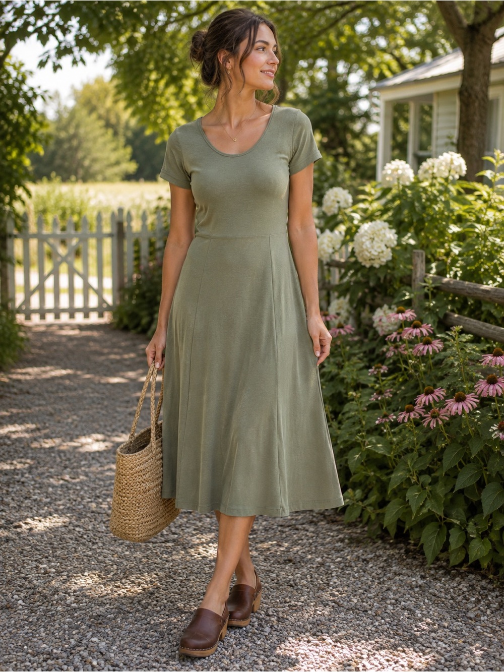 Vintage 90s Northern Traditions M Sage Green Stretch Midi Dress Cottagecore